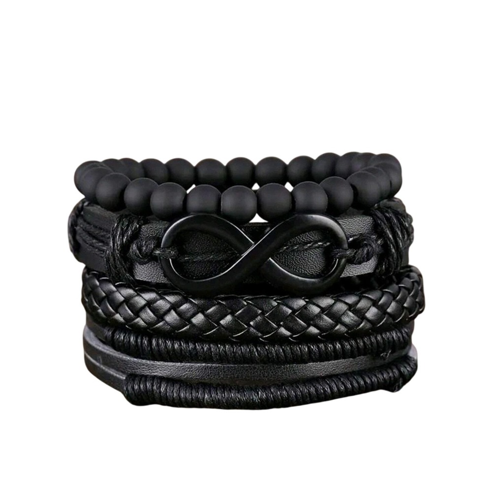 Men's Bracelet Set Infinity Bead Leather Braided Multi Layer Wristband